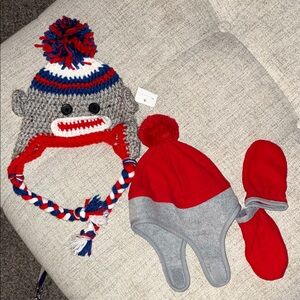 Old Navy Red and Gray Hat & Mittens set and Sock Monkey hat